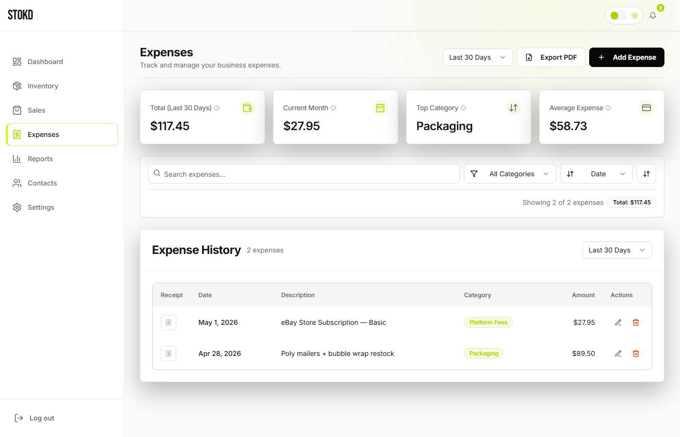 stokd expense tracking with categories