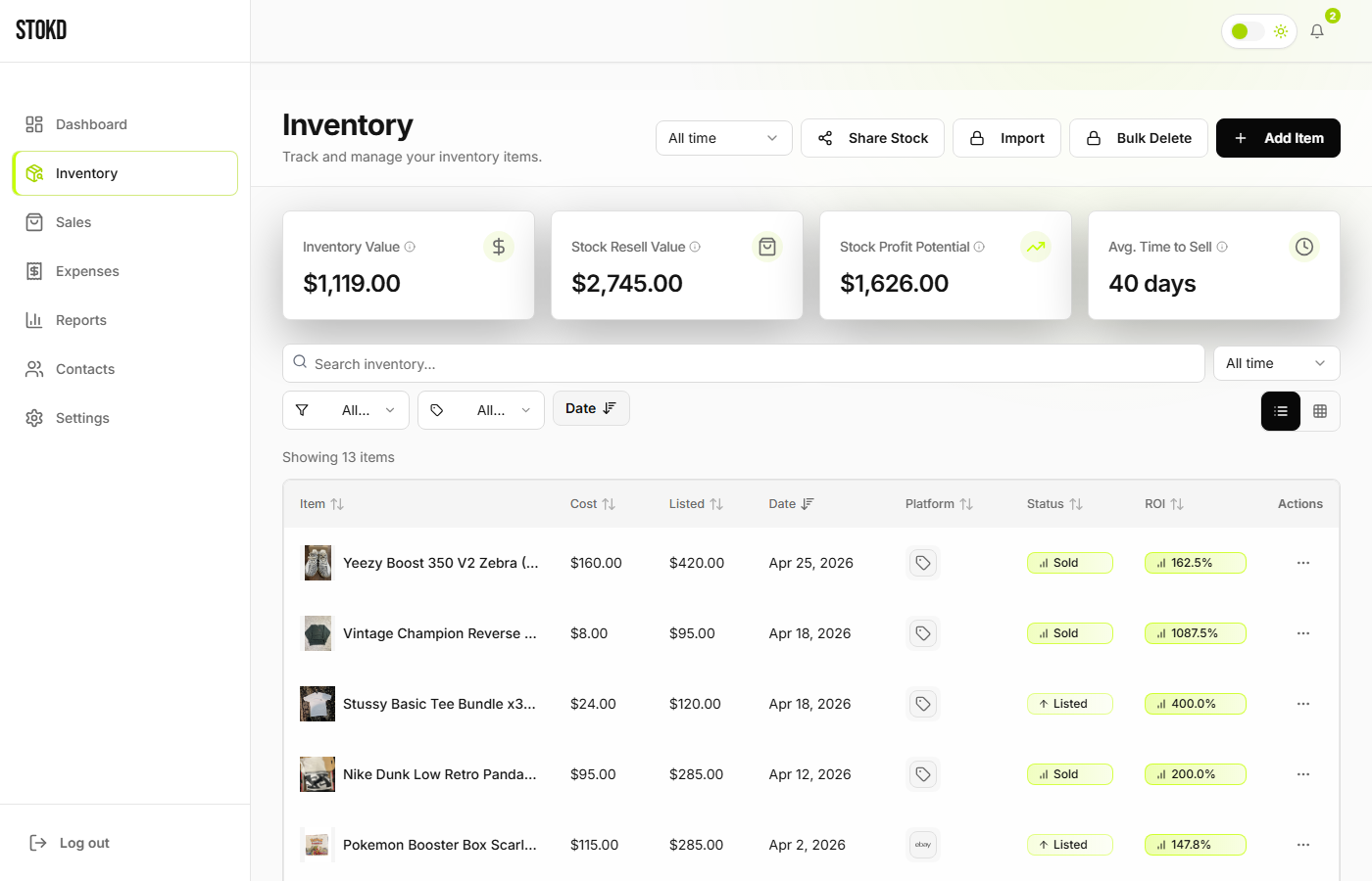 stokd inventory list with real product photos