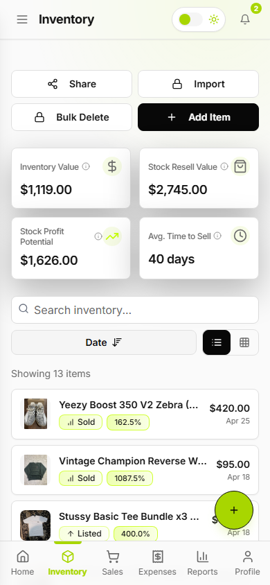 stokd inventory on mobile — real app